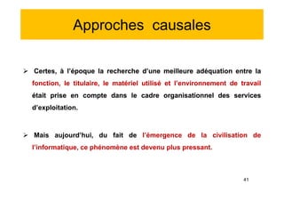 Approches causales
 Certes, à l’époque la recherche d’une meilleure adéquation entre la
fonction, le titulaire, le matériel utilisé et l’environnement de travail
était prise en compte dans le cadre organisationnel des services
d’exploitation.
 Mais aujourd’hui, du fait de l’émergence de la civilisation de
l’informatique, ce phénomène est devenu plus pressant.
 Certes, à l’époque la recherche d’une meilleure adéquation entre la
fonction, le titulaire, le matériel utilisé et l’environnement de travail
était prise en compte dans le cadre organisationnel des services
d’exploitation.
 Mais aujourd’hui, du fait de l’émergence de la civilisation de
l’informatique, ce phénomène est devenu plus pressant.
41
 