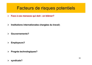 Facteurs de risques potentiels
 Face à ces menaces qui doit - on blâmer?
 Institutions internationales chargées du travail;
 Gouvernements?
 Employeurs?
 Progrès technologiques?
 syndicats?
 Face à ces menaces qui doit - on blâmer?
 Institutions internationales chargées du travail;
 Gouvernements?
 Employeurs?
 Progrès technologiques?
 syndicats?
54
 