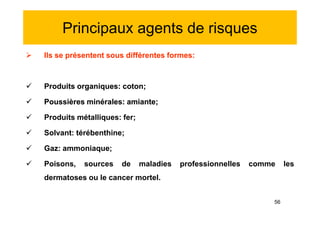 Principaux agents de risques
 Ils se présentent sous différentes formes:
 Produits organiques: coton;
 Poussières minérales: amiante;
 Produits métalliques: fer;
 Solvant: térébenthine;
 Gaz: ammoniaque;
 Poisons, sources de maladies professionnelles comme les
dermatoses ou le cancer mortel.
 Ils se présentent sous différentes formes:
 Produits organiques: coton;
 Poussières minérales: amiante;
 Produits métalliques: fer;
 Solvant: térébenthine;
 Gaz: ammoniaque;
 Poisons, sources de maladies professionnelles comme les
dermatoses ou le cancer mortel.
56
 