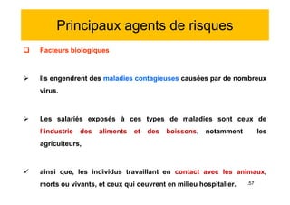 Principaux agents de risques
 Facteurs biologiques
 Ils engendrent des maladies contagieuses causées par de nombreux
virus.
 Les salariés exposés à ces types de maladies sont ceux de
l’industrie des aliments et des boissons, notamment les
agriculteurs,
 ainsi que, les individus travaillant en contact avec les animaux,
morts ou vivants, et ceux qui oeuvrent en milieu hospitalier.
 Facteurs biologiques
 Ils engendrent des maladies contagieuses causées par de nombreux
virus.
 Les salariés exposés à ces types de maladies sont ceux de
l’industrie des aliments et des boissons, notamment les
agriculteurs,
 ainsi que, les individus travaillant en contact avec les animaux,
morts ou vivants, et ceux qui oeuvrent en milieu hospitalier. .57
 