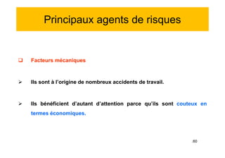 Principaux agents de risques
 Facteurs mécaniques
 Ils sont à l’origine de nombreux accidents de travail.
 Ils bénéficient d’autant d’attention parce qu’ils sont couteux en
termes économiques.
 Facteurs mécaniques
 Ils sont à l’origine de nombreux accidents de travail.
 Ils bénéficient d’autant d’attention parce qu’ils sont couteux en
termes économiques.
.60
 
