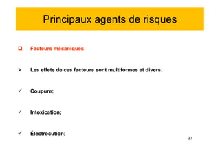 Principaux agents de risques
 Facteurs mécaniques
 Les effets de ces facteurs sont multiformes et divers:
 Coupure;
 Intoxication;
 Électrocution;
 Facteurs mécaniques
 Les effets de ces facteurs sont multiformes et divers:
 Coupure;
 Intoxication;
 Électrocution;
.61
 