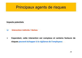 Principaux agents de risques
Impacts potentiels
 Interaction individu / tâches
 Cependant, cette interaction est complexe et certains facteurs de
risques peuvent échapper à la vigilance de l’employeur.
Impacts potentiels
 Interaction individu / tâches
 Cependant, cette interaction est complexe et certains facteurs de
risques peuvent échapper à la vigilance de l’employeur.
.64
 