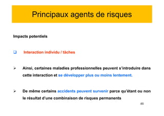 Principaux agents de risques
Impacts potentiels
 Interaction individu / tâches
 Ainsi, certaines maladies professionnelles peuvent s’introduire dans
cette interaction et se développer plus ou moins lentement.
 De même certains accidents peuvent survenir parce qu’étant ou non
le résultat d’une combinaison de risques permanents
Impacts potentiels
 Interaction individu / tâches
 Ainsi, certaines maladies professionnelles peuvent s’introduire dans
cette interaction et se développer plus ou moins lentement.
 De même certains accidents peuvent survenir parce qu’étant ou non
le résultat d’une combinaison de risques permanents
.65
 