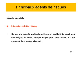 Principaux agents de risques
Impacts potentiels
 Interaction individu / tâches
 Certes, une maladie professionnelle ou un accident de travail peut
être soigné, toutefois, chaque risque peut aussi mener à court,
moyen ou long termes à la mort.
Impacts potentiels
 Interaction individu / tâches
 Certes, une maladie professionnelle ou un accident de travail peut
être soigné, toutefois, chaque risque peut aussi mener à court,
moyen ou long termes à la mort.
.66
 