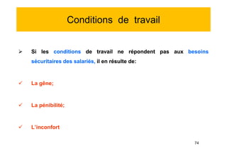 Conditions de travail
 Si les conditions de travail ne répondent pas aux besoins
sécuritaires des salariés, il en résulte de:
 La gêne;
 La pénibilité;
 L’inconfort
 Si les conditions de travail ne répondent pas aux besoins
sécuritaires des salariés, il en résulte de:
 La gêne;
 La pénibilité;
 L’inconfort
74
 