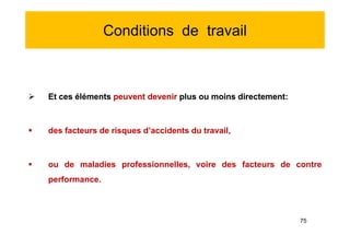 Conditions de travail
 Et ces éléments peuvent devenir plus ou moins directement:
 des facteurs de risques d’accidents du travail,
 ou de maladies professionnelles, voire des facteurs de contre
performance.
 Et ces éléments peuvent devenir plus ou moins directement:
 des facteurs de risques d’accidents du travail,
 ou de maladies professionnelles, voire des facteurs de contre
performance.
75
 
