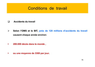 Conditions de travail
 Accidents du travail
 Selon l’OMS et le BIT, près de 120 millions d’accidents du travail
causent chaque année environ:
 200.000 décès dans le monde ,
 ou une moyenne de 3300 par jour.
 Accidents du travail
 Selon l’OMS et le BIT, près de 120 millions d’accidents du travail
causent chaque année environ:
 200.000 décès dans le monde ,
 ou une moyenne de 3300 par jour.
76
 