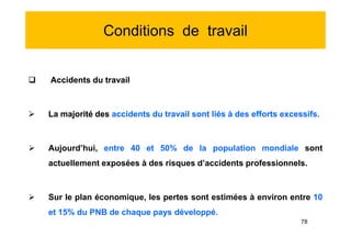Conditions de travail
 Accidents du travail
 La majorité des accidents du travail sont liés à des efforts excessifs.
 Aujourd’hui, entre 40 et 50% de la population mondiale sont
actuellement exposées à des risques d’accidents professionnels.
 Sur le plan économique, les pertes sont estimées à environ entre 10
et 15% du PNB de chaque pays développé.
 Accidents du travail
 La majorité des accidents du travail sont liés à des efforts excessifs.
 Aujourd’hui, entre 40 et 50% de la population mondiale sont
actuellement exposées à des risques d’accidents professionnels.
 Sur le plan économique, les pertes sont estimées à environ entre 10
et 15% du PNB de chaque pays développé.
78
 