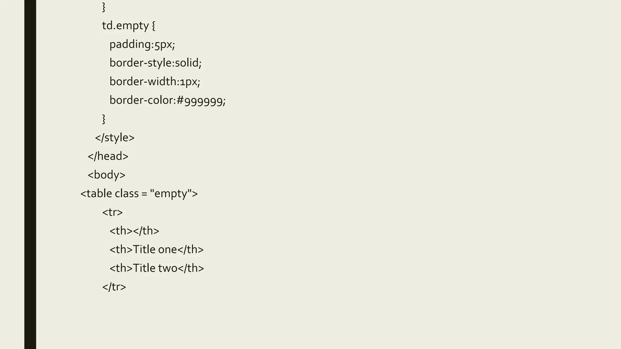 }
td.empty {
padding:5px;
border-style:solid;
border-width:1px;
border-color:#999999;
}
</style>
</head>
<body>
<table class = "empty">
<tr>
<th></th>
<th>Title one</th>
<th>Title two</th>
</tr>
 