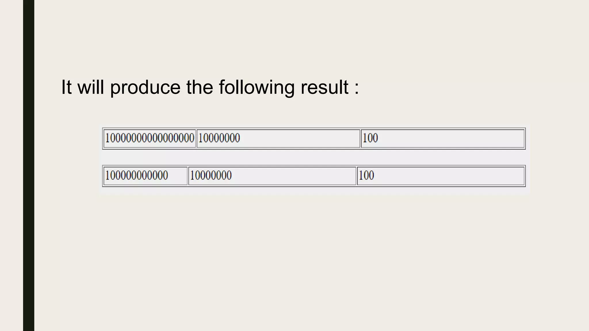 It will produce the following result :
 