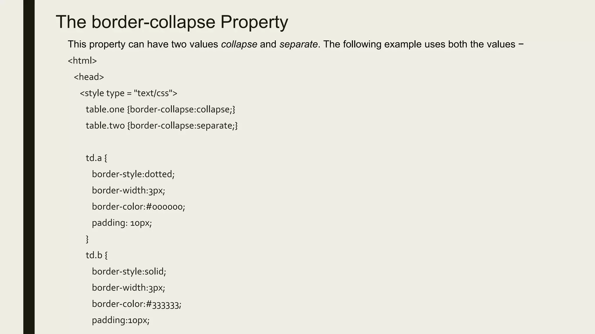 The border-collapse Property
This property can have two values collapse and separate. The following example uses both the values −
<html>
<head>
<style type = "text/css">
table.one {border-collapse:collapse;}
table.two {border-collapse:separate;}
td.a {
border-style:dotted;
border-width:3px;
border-color:#000000;
padding: 10px;
}
td.b {
border-style:solid;
border-width:3px;
border-color:#333333;
padding:10px;
 