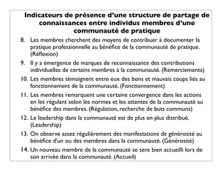 Indicateurs de présence d’une structure de partage de
     connaissances entre individus membres d’une
               communauté de pratique
8. Les membres cherchent des moyens de contribuer à documenter la
    pratique professionnelle au bénéﬁce de la communauté de pratique.
    (Réﬂexion)
9. Il y a émergence de marques de reconnaissance des contributions
    individuelles de certains membres à la communauté. (Remerciements)
10. Les membres témoignent entre eux des bons et mauvais coups liés au
    fonctionnement de la communauté. (Fonctionnement)
11. Les membres remarquent une certaine convergence dans les actions
    en les régulant selon les normes et les attentes de la communauté au
    bénéﬁce des membres. (Régulation, recherche de buts communs)
12. Le leadership dans la communauté est de plus en plus distribué.
    (Leadership)
13. On observe assez régulièrement des manifestations de générosité au
    bénéﬁce d'un ou des membres dans la communauté. (Générosité)
14. Un nouveau membre de la communauté se sent bien accueilli lors de
    son arrivée dans la communauté. (Accueil)
 