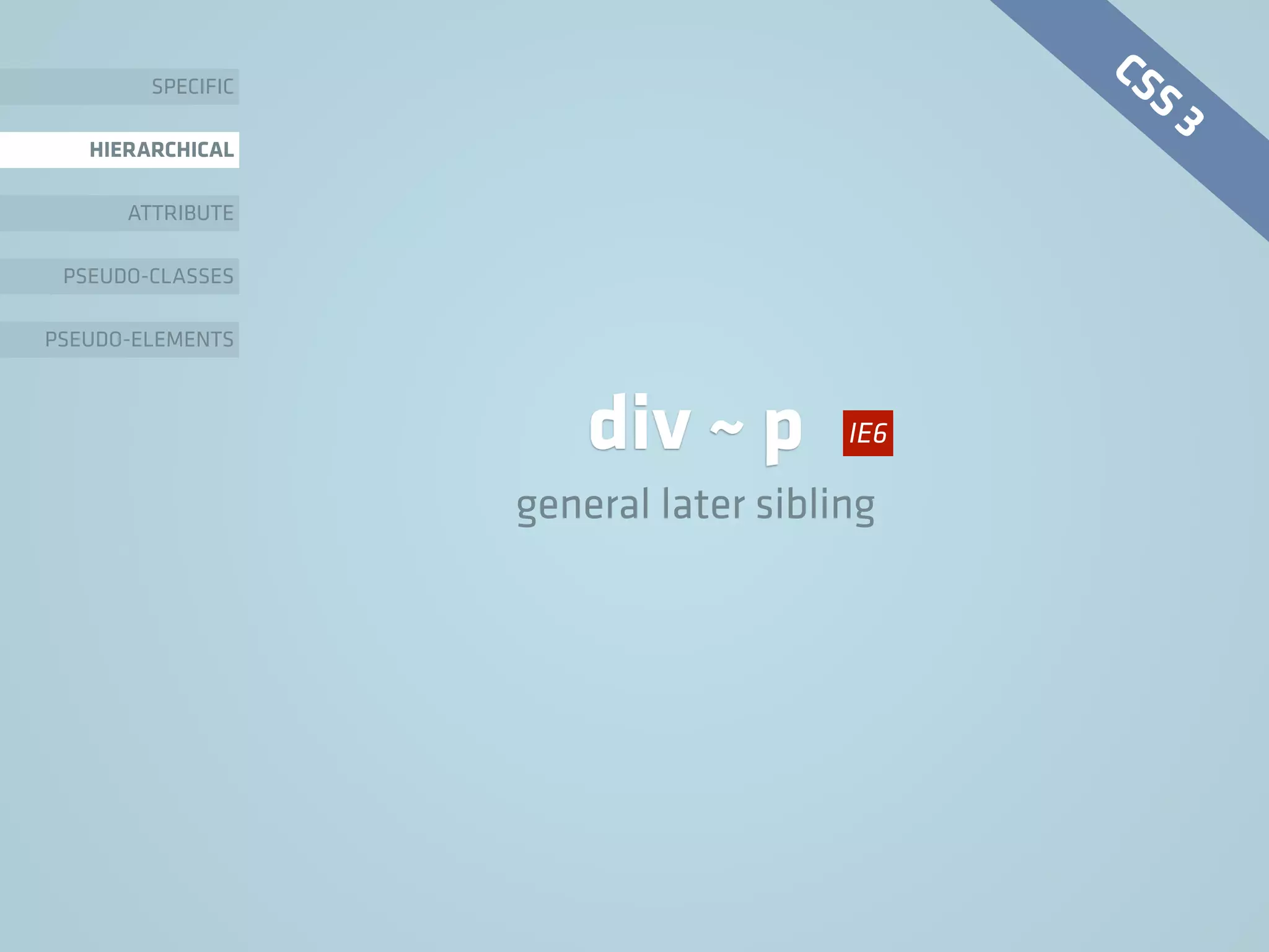SPECIFIC
HIERARCHICAL
ATTRIBUTE
PSEUDO-CLASSES
PSEUDO-ELEMENTS
div ~ p
general later sibling
CSS 3
IE6
 