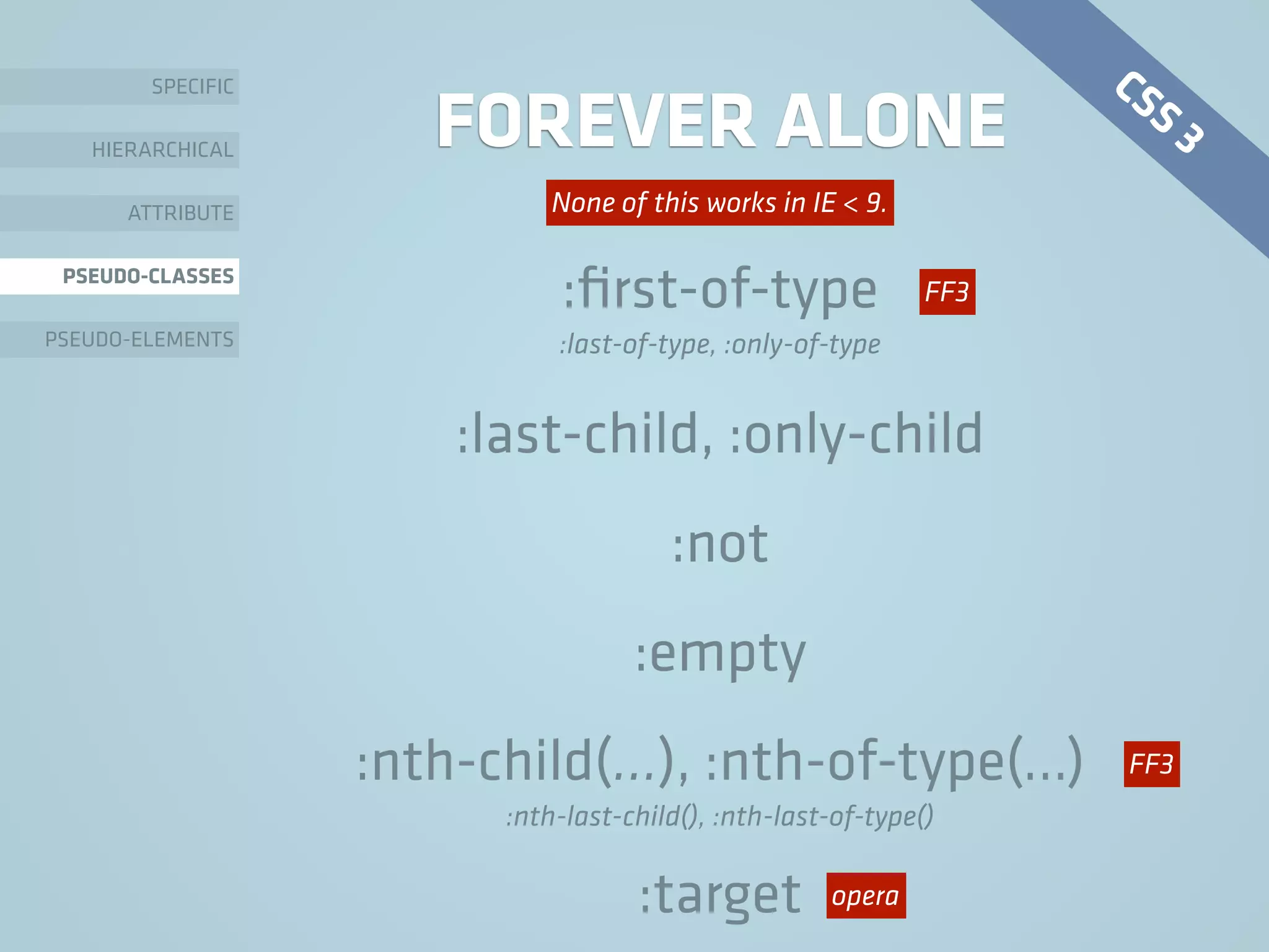 FOREVER ALONE
:ﬁrst-of-type
:last-of-type, :only-of-type
:last-child, :only-child
:not
:empty
:nth-child(…), :nth-of-type(…)
:nth-last-child(), :nth-last-of-type()
:target
SPECIFIC
HIERARCHICAL
ATTRIBUTE
PSEUDO-CLASSES
PSEUDO-ELEMENTS
FF3
None of this works in IE < 9.
CSS 3
FF3
opera
 
