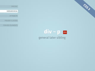 SPECIFIC
HIERARCHICAL
ATTRIBUTE
PSEUDO-CLASSES
PSEUDO-ELEMENTS
div ~ p
general later sibling
CSS 3
IE6
 
