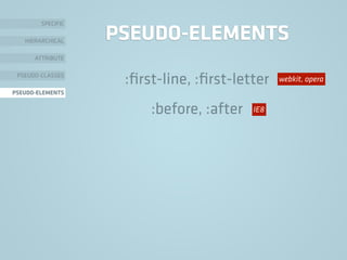 PSEUDO-ELEMENTS
:ﬁrst-line, :ﬁrst-letter
:before, :after
SPECIFIC
HIERARCHICAL
ATTRIBUTE
PSEUDO-CLASSES
PSEUDO-ELEMENTS
IE8
webkit, opera
 