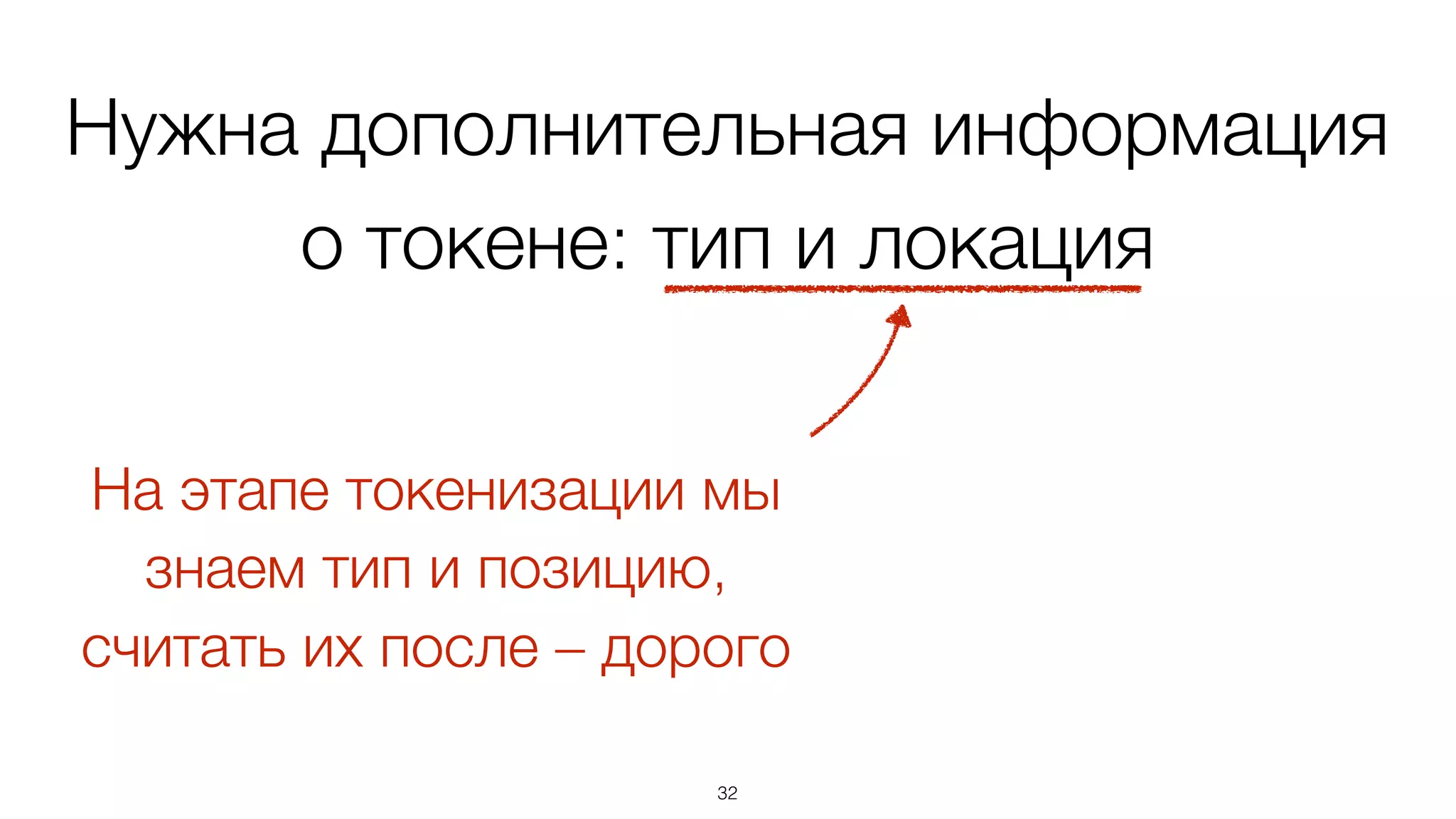 Нужна дополнительная информация
о токене: тип и локация
32
На этапе токенизации мы
знаем тип и позицию,
считать их после – дорого
 