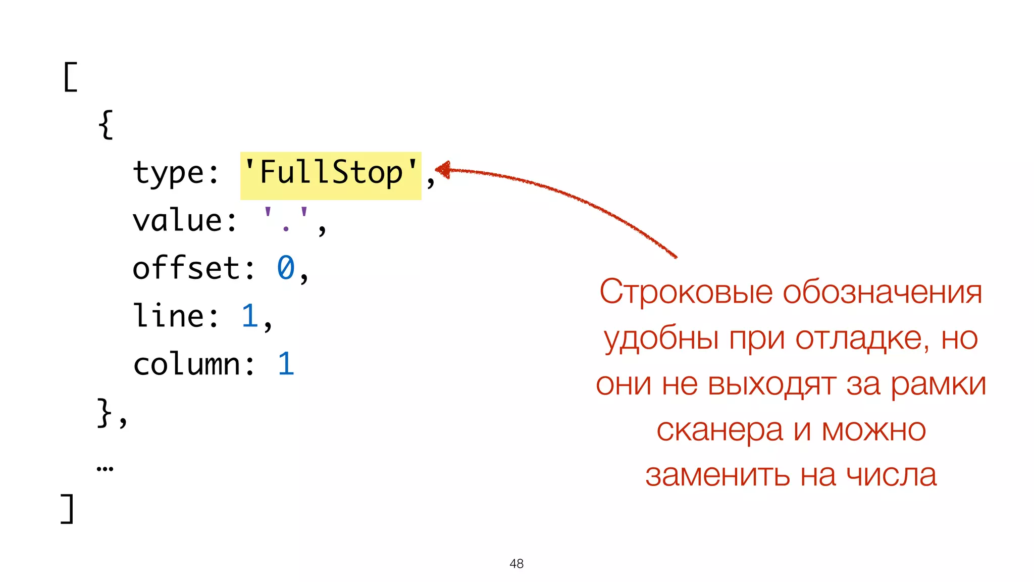 48
[
{
type: 'FullStop',
value: '.',
offset: 0,
line: 1,
column: 1
},
…
]
Строковые обозначения
удобны при отладке, но
они не выходят за рамки
сканера и можно
заменить на числа
 