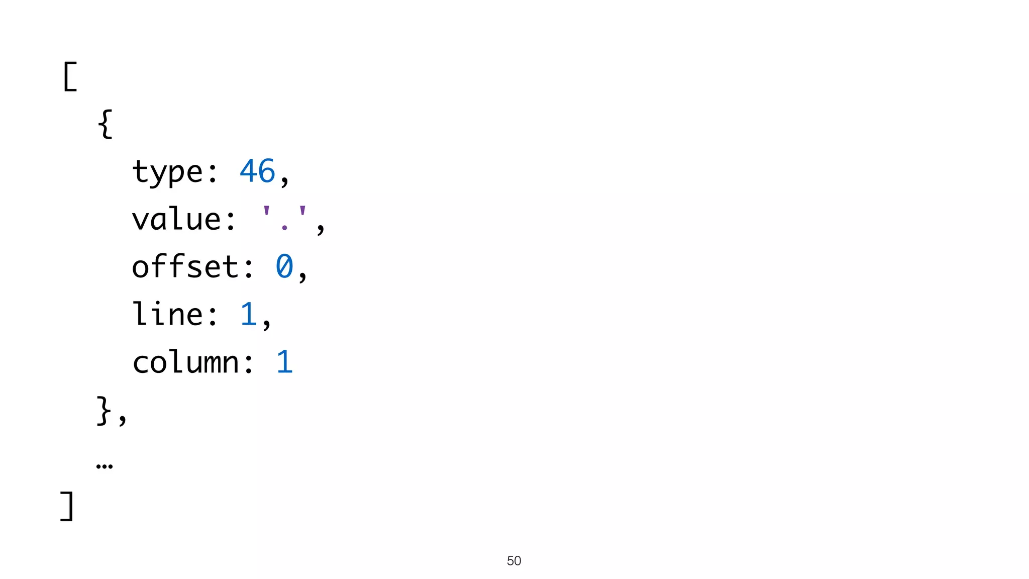 50
[
{
type: 46,
value: '.',
offset: 0,
line: 1,
column: 1
},
…
]
 