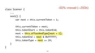 105
class Scanner {
...
next() {
var next = this.currentToken + 1;
this.currentToken = next;
this.tokenStart = this.tokenEnd;
next = this.offsetAndType[next + 1];
this.tokenEnd = next & 0xFFFFFF;
this.tokenType = next >> 24;
}
}
-50% чтений (~250k)
 