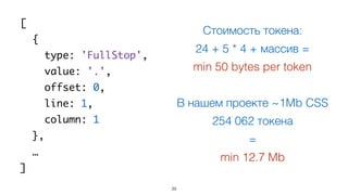 39
[
{
type: 'FullStop',
value: '.',
offset: 0,
line: 1,
column: 1
},
…
]
Стоимость токена:
24 + 5 * 4 + массив =
min 50 bytes per token
В нашем проекте ~1Mb CSS
254 062 токена
=
min 12.7 Mb
 