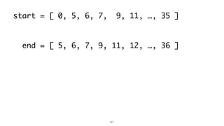 61
start = [ 0, 5, 6, 7, 9, 11, …, 35 ]
end = [ 5, 6, 7, 9, 11, 12, …, 36 ]
 