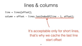 65
line = lines[offset];
column = offset - lines.lastIndexOf(line - 1, offset);
lines & columns
It's acceptable only for s...