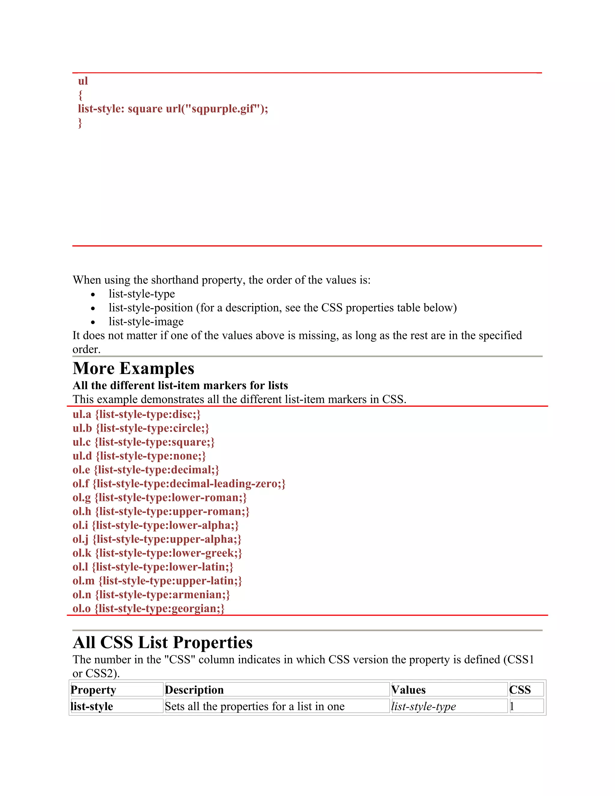 ul { list-style: square url("sqpurple.gif"); } When using the shorthand property, the order of the values is: • list-style-type • list-style-position (for a description, see the CSS properties table below) • list-style-image It does not matter if one of the values above is missing, as long as the rest are in the specified order. More Examples All the different list-item markers for lists This example demonstrates all the different list-item markers in CSS. ul.a {list-style-type:disc;} ul.b {list-style-type:circle;} ul.c {list-style-type:square;} ul.d {list-style-type:none;} ol.e {list-style-type:decimal;} ol.f {list-style-type:decimal-leading-zero;} ol.g {list-style-type:lower-roman;} ol.h {list-style-type:upper-roman;} ol.i {list-style-type:lower-alpha;} ol.j {list-style-type:upper-alpha;} ol.k {list-style-type:lower-greek;} ol.l {list-style-type:lower-latin;} ol.m {list-style-type:upper-latin;} ol.n {list-style-type:armenian;} ol.o {list-style-type:georgian;} All CSS List Properties The number in the "CSS" column indicates in which CSS version the property is defined (CSS1 or CSS2). Property Description Values CSS list-style Sets all the properties for a list in one list-style-type 1 