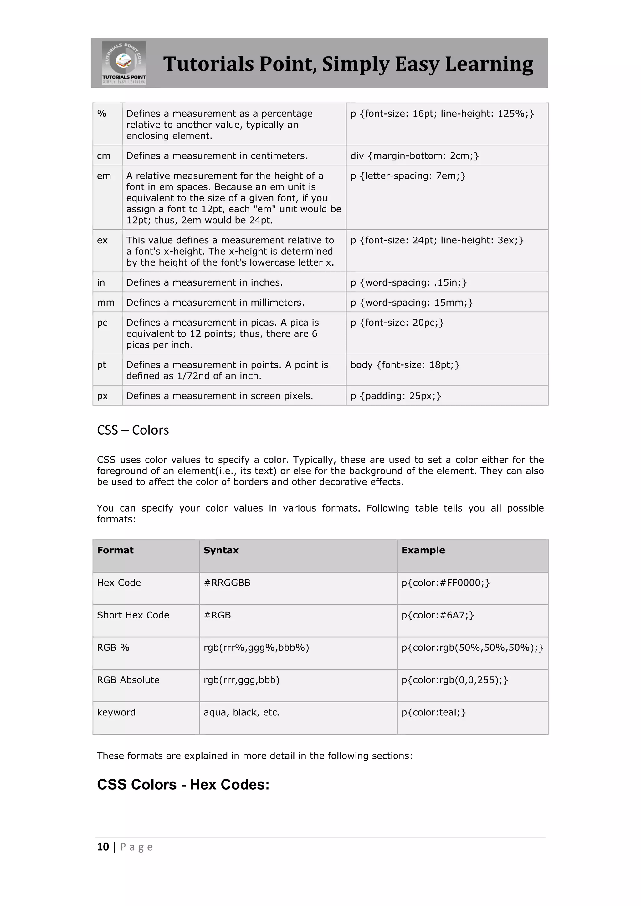 Tutorials Point, Simply Easy Learning
10 | P a g e
% Defines a measurement as a percentage
relative to another value, typically an
enclosing element.
p {font-size: 16pt; line-height: 125%;}
cm Defines a measurement in centimeters. div {margin-bottom: 2cm;}
em A relative measurement for the height of a
font in em spaces. Because an em unit is
equivalent to the size of a given font, if you
assign a font to 12pt, each "em" unit would be
12pt; thus, 2em would be 24pt.
p {letter-spacing: 7em;}
ex This value defines a measurement relative to
a font's x-height. The x-height is determined
by the height of the font's lowercase letter x.
p {font-size: 24pt; line-height: 3ex;}
in Defines a measurement in inches. p {word-spacing: .15in;}
mm Defines a measurement in millimeters. p {word-spacing: 15mm;}
pc Defines a measurement in picas. A pica is
equivalent to 12 points; thus, there are 6
picas per inch.
p {font-size: 20pc;}
pt Defines a measurement in points. A point is
defined as 1/72nd of an inch.
body {font-size: 18pt;}
px Defines a measurement in screen pixels. p {padding: 25px;}
CSS – Colors
CSS uses color values to specify a color. Typically, these are used to set a color either for the
foreground of an element(i.e., its text) or else for the background of the element. They can also
be used to affect the color of borders and other decorative effects.
You can specify your color values in various formats. Following table tells you all possible
formats:
Format Syntax Example
Hex Code #RRGGBB p{color:#FF0000;}
Short Hex Code #RGB p{color:#6A7;}
RGB % rgb(rrr%,ggg%,bbb%) p{color:rgb(50%,50%,50%);}
RGB Absolute rgb(rrr,ggg,bbb) p{color:rgb(0,0,255);}
keyword aqua, black, etc. p{color:teal;}
These formats are explained in more detail in the following sections:
CSS Colors - Hex Codes:
 