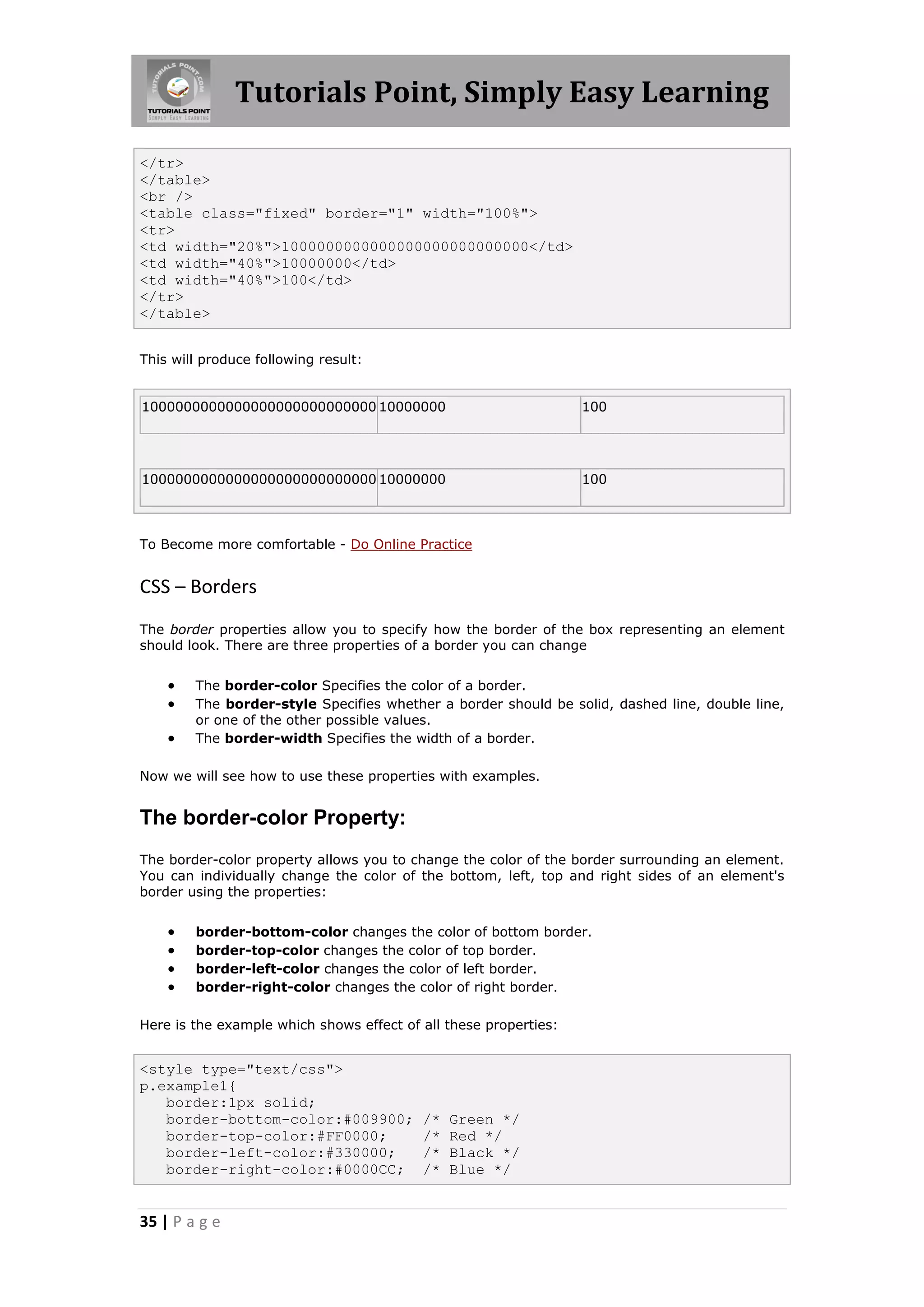 Tutorials Point, Simply Easy Learning
35 | P a g e
</tr>
</table>
<br />
<table class="fixed" border="1" width="100%">
<tr>
<td width="20%">1000000000000000000000000000</td>
<td width="40%">10000000</td>
<td width="40%">100</td>
</tr>
</table>
This will produce following result:
1000000000000000000000000000 10000000 100
1000000000000000000000000000 10000000 100
To Become more comfortable - Do Online Practice
CSS – Borders
The border properties allow you to specify how the border of the box representing an element
should look. There are three properties of a border you can change
 The border-color Specifies the color of a border.
 The border-style Specifies whether a border should be solid, dashed line, double line,
or one of the other possible values.
 The border-width Specifies the width of a border.
Now we will see how to use these properties with examples.
The border-color Property:
The border-color property allows you to change the color of the border surrounding an element.
You can individually change the color of the bottom, left, top and right sides of an element's
border using the properties:
 border-bottom-color changes the color of bottom border.
 border-top-color changes the color of top border.
 border-left-color changes the color of left border.
 border-right-color changes the color of right border.
Here is the example which shows effect of all these properties:
<style type="text/css">
p.example1{
border:1px solid;
border-bottom-color:#009900; /* Green */
border-top-color:#FF0000; /* Red */
border-left-color:#330000; /* Black */
border-right-color:#0000CC; /* Blue */
 