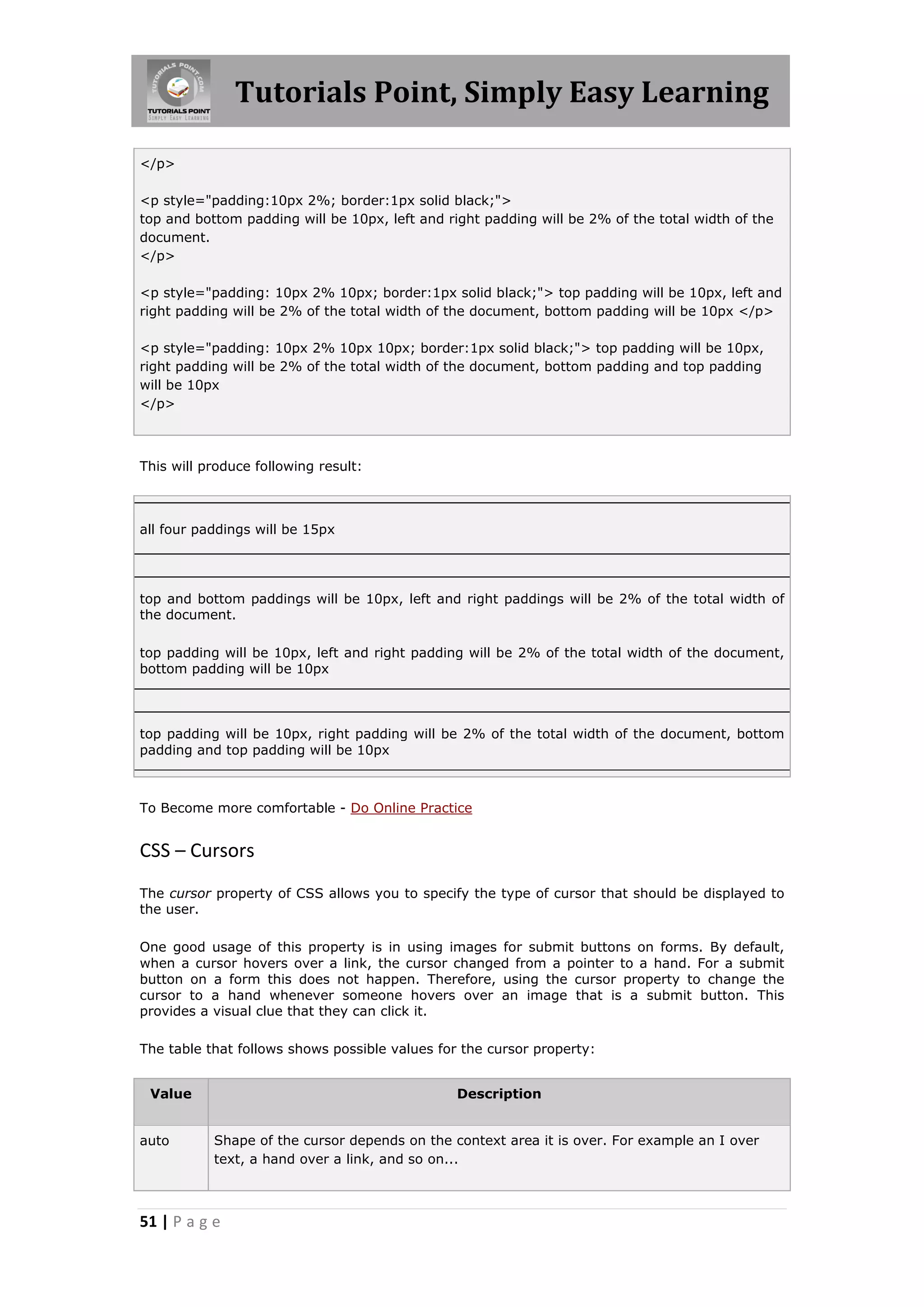 Tutorials Point, Simply Easy Learning
51 | P a g e
</p>
<p style="padding:10px 2%; border:1px solid black;">
top and bottom padding will be 10px, left and right padding will be 2% of the total width of the
document.
</p>
<p style="padding: 10px 2% 10px; border:1px solid black;"> top padding will be 10px, left and
right padding will be 2% of the total width of the document, bottom padding will be 10px </p>
<p style="padding: 10px 2% 10px 10px; border:1px solid black;"> top padding will be 10px,
right padding will be 2% of the total width of the document, bottom padding and top padding
will be 10px
</p>
This will produce following result:
all four paddings will be 15px
top and bottom paddings will be 10px, left and right paddings will be 2% of the total width of
the document.
top padding will be 10px, left and right padding will be 2% of the total width of the document,
bottom padding will be 10px
top padding will be 10px, right padding will be 2% of the total width of the document, bottom
padding and top padding will be 10px
To Become more comfortable - Do Online Practice
CSS – Cursors
The cursor property of CSS allows you to specify the type of cursor that should be displayed to
the user.
One good usage of this property is in using images for submit buttons on forms. By default,
when a cursor hovers over a link, the cursor changed from a pointer to a hand. For a submit
button on a form this does not happen. Therefore, using the cursor property to change the
cursor to a hand whenever someone hovers over an image that is a submit button. This
provides a visual clue that they can click it.
The table that follows shows possible values for the cursor property:
Value Description
auto Shape of the cursor depends on the context area it is over. For example an I over
text, a hand over a link, and so on...
 
