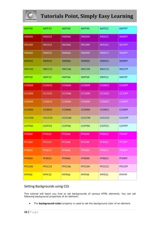 Tutorials Point, Simply Easy Learning
14 | P a g e
66FF00 66FF33 66FF66 66FF99 66FFCC 66FFFF
990000 990033 990066 990099 9900CC 9900FF
993300 993333 993366 993399 9933CC 9933FF
996600 996633 996666 996699 9966CC 9966FF
999900 999933 999966 999999 9999CC 9999FF
99CC00 99CC33 99CC66 99CC99 99CCCC 99CCFF
99FF00 99FF33 99FF66 99FF99 99FFCC 99FFFF
CC0000 CC0033 CC0066 CC0099 CC00CC CC00FF
CC3300 CC3333 CC3366 CC3399 CC33CC CC33FF
CC6600 CC6633 CC6666 CC6699 CC66CC CC66FF
CC9900 CC9933 CC9966 CC9999 CC99CC CC99FF
CCCC00 CCCC33 CCCC66 CCCC99 CCCCCC CCCCFF
CCFF00 CCFF33 CCFF66 CCFF99 CCFFCC CCFFFF
FF0000 FF0033 FF0066 FF0099 FF00CC FF00FF
FF3300 FF3333 FF3366 FF3399 FF33CC FF33FF
FF6600 FF6633 FF6666 FF6699 FF66CC FF66FF
FF9900 FF9933 FF9966 FF9999 FF99CC FF99FF
FFCC00 FFCC33 FFCC66 FFCC99 FFCCCC FFCCFF
FFFF00 FFFF33 FFFF66 FFFF99 FFFFCC FFFFFF
Setting Backgrounds using CSS
This tutorial will teach you how to set backgrounds of various HTML elements. You can set
following background properties of an element:
 The background-color property is used to set the background color of an element.
 