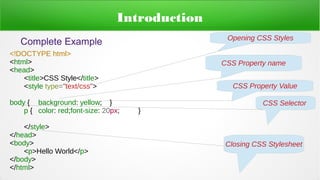 Introduction
Complete Example
<!DOCTYPE html>
<html>
<head>
<title>CSS Style</title>
<style type="text/css">
body { background: yellow; }
p { color: red;font-size: 20px; }
</style>
</head>
<body>
<p>Hello World</p>
</body>
</html>
Opening CSS Styles
CSS Property name
CSS Property Value
CSS Selector
Closing CSS Stylesheet
 
