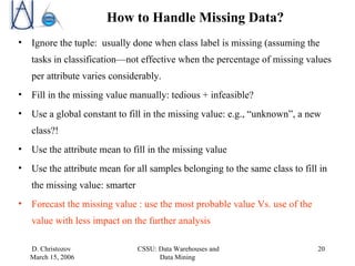 How to Handle Missing Data? Ignore the tuple:  usually done when class label is missing (assuming the tasks in classification — not effective when the percentage of missing values per attribute varies considerably. Fill in the missing value manually: tedious + infeasible? Use a global constant to fill in the missing value: e.g., “unknown”, a new class?!  Use the attribute mean to fill in the missing value Use the attribute mean for all samples belonging to the same class to fill in the missing value: smarter Forecast the missing value : use the most probable value Vs. use of the value with less impact on the further analysis 