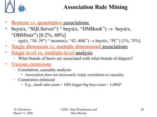 Association Rule Mining Boolean vs. quantitative  associations  buys(x, “SQLServer”) ^ buys(x, “DMBook”)   buys(x, “DBMiner”) [0.2%, 60%] age(x, “30..39”) ^ income(x, “42..48K”)   buys(x, “PC”) [1%, 75%] Single dimension vs. multiple dimensional  associations   Single level vs. multiple-level  analysis What brands of beers are associated with what brands of diapers? Various extensions Correlation, causality analysis Association does not necessarily imply correlation or causality Constraints enforced E.g., small sales (sum < 100) trigger big buys (sum > 1,000)? 