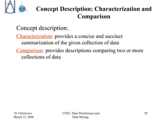Concept Description: Characterization and Comparison Concept description:   Characterization :  provides a concise and succinct summarization of the given collection of data Comparison :  provides descriptions comparing two or more collections of data 