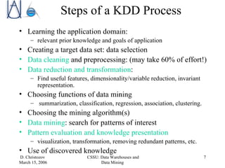 Steps of a KDD Process Learning the application domain: relevant prior knowledge and goals of application Creating a target data set: data selection Data cleaning  and preprocessing: (may take 60% of effort!) Data reduction and transformation : Find useful features, dimensionality/variable reduction, invariant representation. Choosing functions of data mining  summarization, classification, regression, association, clustering. Choosing the mining algorithm(s) Data mining : search for patterns of interest Pattern evaluation and knowledge presentation visualization, transformation, removing redundant patterns, etc. Use of discovered knowledge 