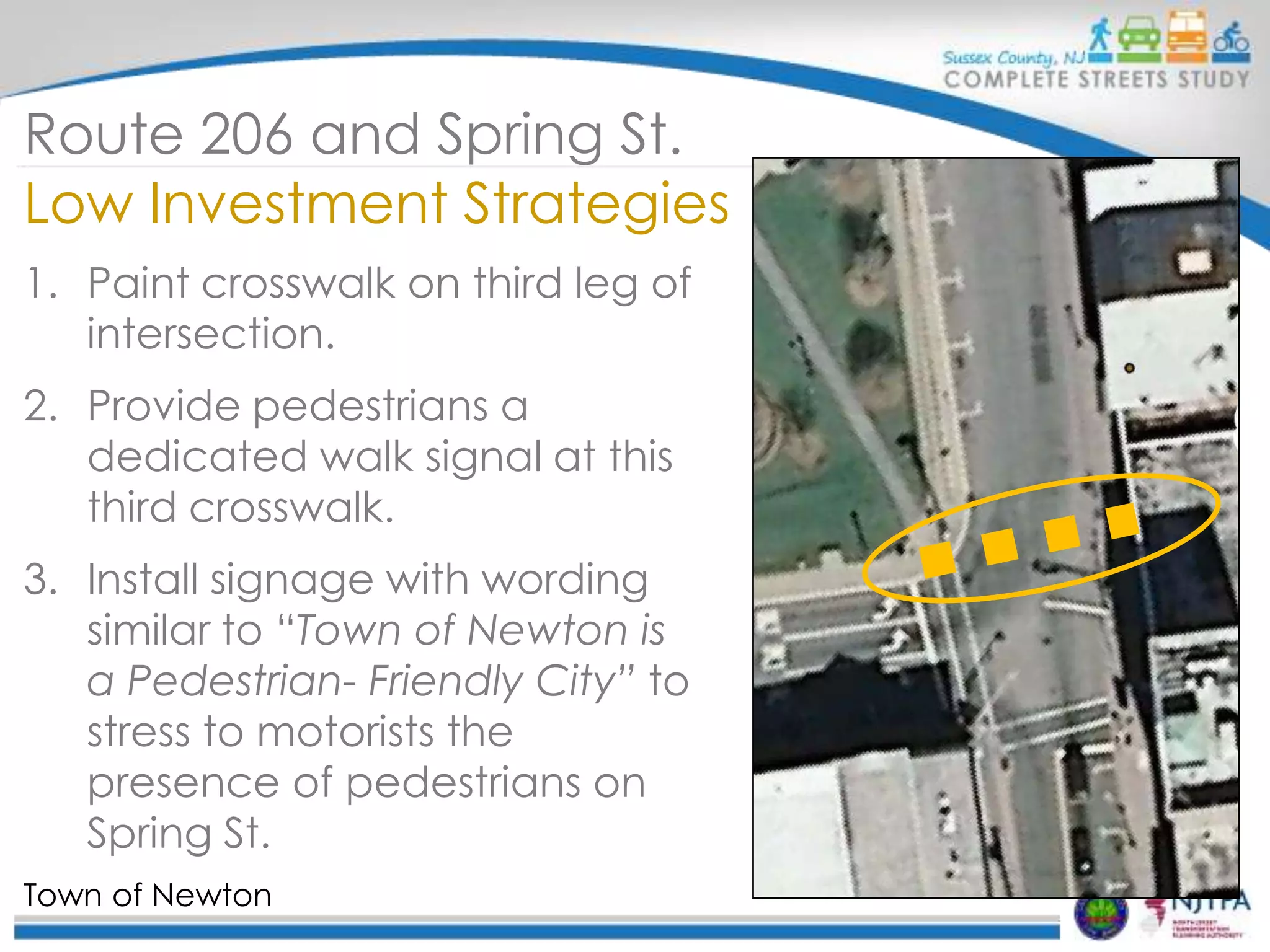 Route 206 and Spring St.
Low Investment Strategies
1. Paint crosswalk on third leg of
intersection.
2. Provide pedestrians a
dedicated walk signal at this
third crosswalk.

3. Install signage with wording
similar to “Town of Newton is
a Pedestrian- Friendly City” to
stress to motorists the
presence of pedestrians on
Spring St.
Town of Newton

 