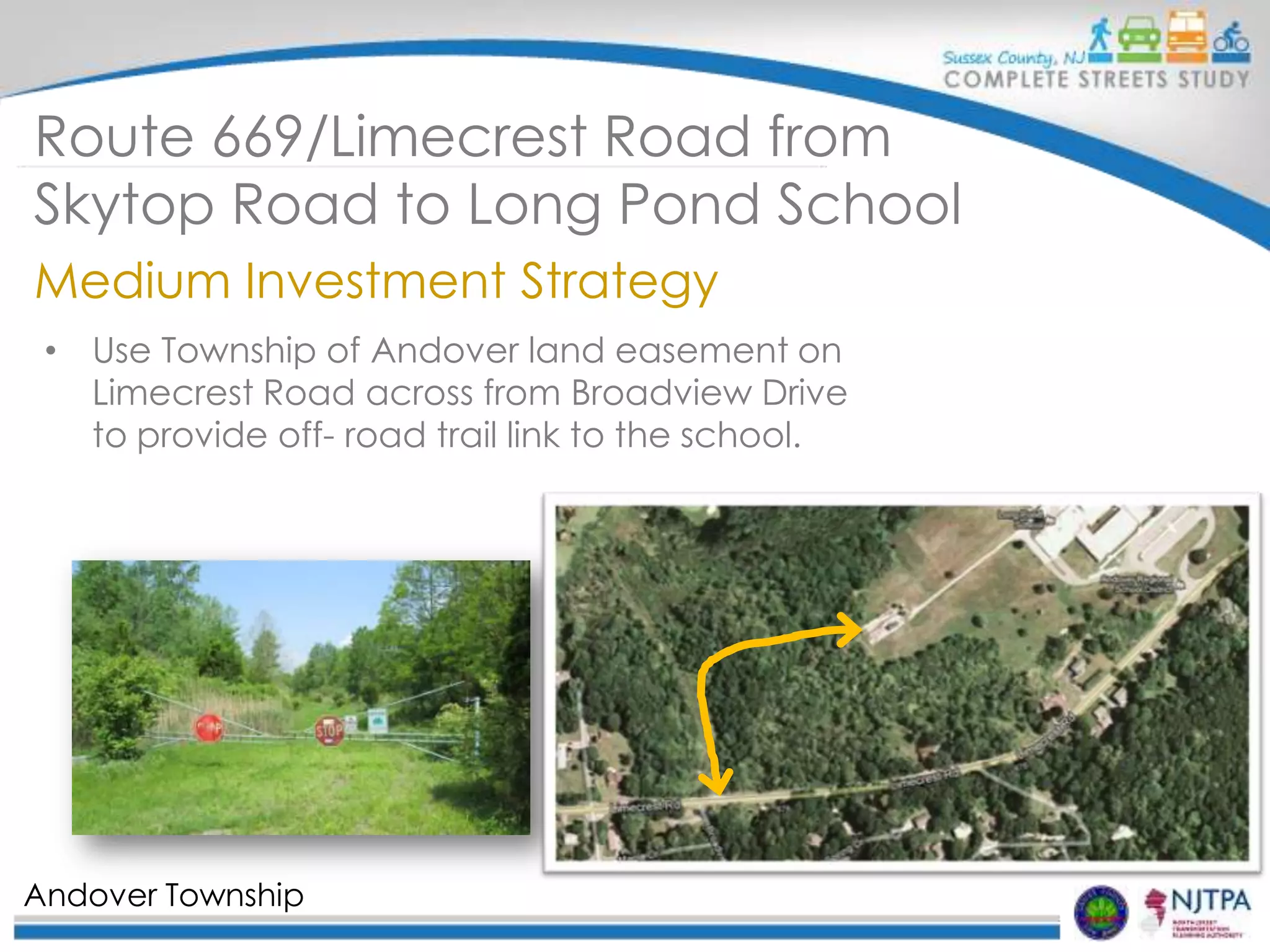 Route 669/Limecrest Road from
Skytop Road to Long Pond School
Medium Investment Strategy
• Use Township of Andover land easement on
Limecrest Road across from Broadview Drive
to provide off- road trail link to the school.

Andover Township

 