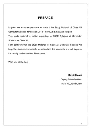 CBSE XII COMPUTER SCIENCE STUDY MATERIAL BY KVS | PDF