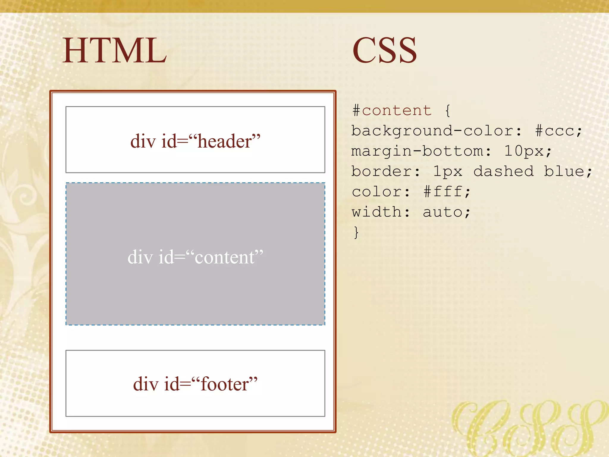 HTML CSS
div id=“header”
div id=“footer”
div id=“content”
#content {
background-color: #ccc;
margin-bottom: 10px;
border: 1px dashed blue;
color: #fff;
width: auto;
}
 