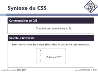 Syntaxe du CSS
Maroua BAKRI HOSNI - ENSI
11
Année Universitaire: 2012-2013
 