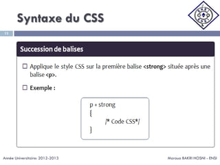 Syntaxe du CSS
Maroua BAKRI HOSNI - ENSI
13
Année Universitaire: 2012-2013
 