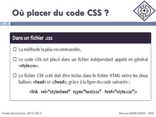 Où placer du code CSS ?
Maroua BAKRI HOSNI - ENSI
20
Année Universitaire: 2012-2013
 