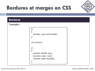 Bordures et marges en CSS
Maroua BAKRI HOSNI - ENSI
37
Année Universitaire: 2012-2013
 