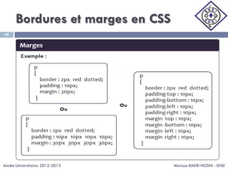 Bordures et marges en CSS
Maroua BAKRI HOSNI - ENSI
40
Année Universitaire: 2012-2013
 