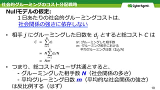 社会的グルーミングのコスト分配戦略
Nullモデルの仮定:
  １⽇あたりの社会的グルーミングコストは、
   社会関係の強さに依存しない
•  相⼿ j にグルーミングした⽇数を dj とすると総コスト C は
•  つまり、総コストがユーザ共通とすると、
 - グルーミングした相⼿数 N（社会関係の多さ）
 - 平均グルーミング⽇数 m（平均的な社会関係の強さ）
は反⽐例する（はず）
N: グルーミングした相⼿数
m: グルーミング相⼿における
  平均グルーミング⽇数（Σdj/N）
10
 
