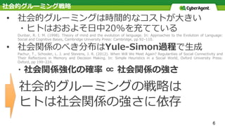 タイトル TITLE•  社会的グルーミングは時間的なコストが⼤きい
・ヒトはおおよそ⽇中20%を充てている
Dunbar, R. I. M. (1998). Theory of mind and the evolution of language. In: Approaches to the Evolution of Language:
Social and Cognitive Bases, Cambridge University Press: Cambridge, pp 92–110.
•  社会関係のべき分布はYule-Simon過程で⽣成
Pachur, T., Schooler, L. J. and Stevens, J. R. (2012). When Will We Meet Again? Regularities of Social Connectivity and
Their Reﬂections in Memory and Decision Making. In: Simple Heuristics in a Social World, Oxford University Press:
Oxford, pp 199–224.
 ・社会関係強化の確率 ∝ 社会関係の強さ
 社会的グルーミングの戦略は
 ヒトは社会関係の強さに依存
6
社会的グルーミング戦略
 