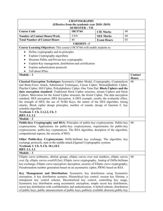 CRYPTOGRAPHY
(Effective from the academic year 2018 -2019)
SEMESTER – VII
Course Code 18CS744 CIE Marks 40
Number of Contact Hours/Week 3:0:0 SEE Marks 60
Total Number of Contact Hours 40 Exam Hours 03
CREDITS –3
Course Learning Objectives: This course (18CS744) will enable students to:
 Define cryptography and its principles
 Explain Cryptography algorithms
 Illustrate Public and Private key cryptography
 Explain Key management, distribution and ceritification
 Explain authentication protocols
 Tell about IPSec
Module – 1 Contact
Hours
Classical Encryption Techniques Symmetric Cipher Model, Cryptography, Cryptanalysis
and Brute-Force Attack, Substitution Techniques, Caesar Cipher, Monoalphabetic Cipher,
Playfair Cipher, Hill Cipher, Polyalphabetic Cipher, One Time Pad. Block Ciphers and the
data encryption standard: Traditional block Cipher structure, stream Ciphers and block
Ciphers, Motivation for the feistel Cipher structure, the feistel Cipher, The data encryption
standard, DES encryption, DES decryption, A DES example, results, the avalanche effect,
the strength of DES, the use of 56-Bit Keys, the nature of the DES algorithm, timing
attacks, Block cipher design principles, number of rounds, design of function F, key
schedule algorithm
Textbook 1: Ch. 2.1,2.2, Ch. 3
RBT: L1, L2
08
Module – 2
Public-Key Cryptography and RSA: Principles of public-key cryptosystems. Public-key
cryptosystems. Applications for public-key cryptosystems, requirements for public-key
cryptosystems. public-key cryptanalysis. The RSA algorithm, desription of the algorithm,
computational aspects, the security of RSA.
Other Public-Key Cryptosystems: Diffie-hellman key exchange, The algorithm, key
exchange protocols, man in the middle attack,Elgamal Cryptographic systems
Textbook 1: Ch. 9, Ch. 10.1,10.2
RBT: L1, L2
08
Module – 3
Elliptic curve arithmetic, abelian groups, elliptic curves over real numbers, elliptic curves
over Zp, elliptic curves overGF(2m), Elliptic curve cryptography, Analog of Diffie-hellman
key exchange, Elliptic curve encryption/ decryption, security of Elliptic curve cryptography,
Pseudorandom number generation based on an asymmetric cipher, PRNG based on RSA.
Key Management and Distribution: Symmetric key distribution using Symmetric
encryption, A key distribution scenario, Hierarchical key control, session key lifetime, a
transparent key control scheme, Decentralized key control, controlling key usage,
Symmetric key distribution using asymmetric encryption, simple secret key distribution,
secret key distribution with confidentiality and authentication, A hybrid scheme, distribution
of public keys, public announcement of public keys, publicly available directory,public key
08
 